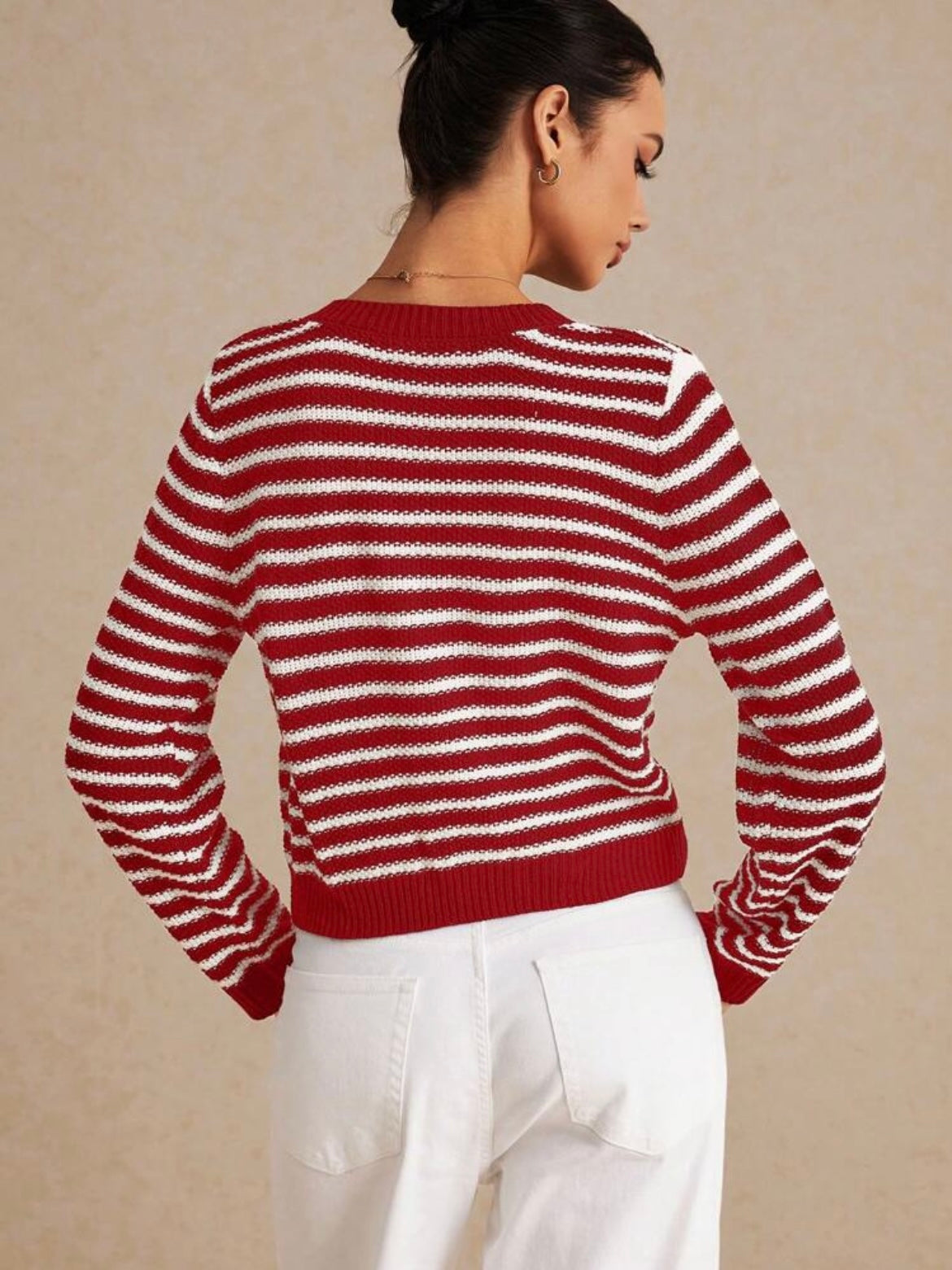CM-CS697905 Women Casual Seoul Style Striped Print Button Front Long Sleeve Cardigan - Red