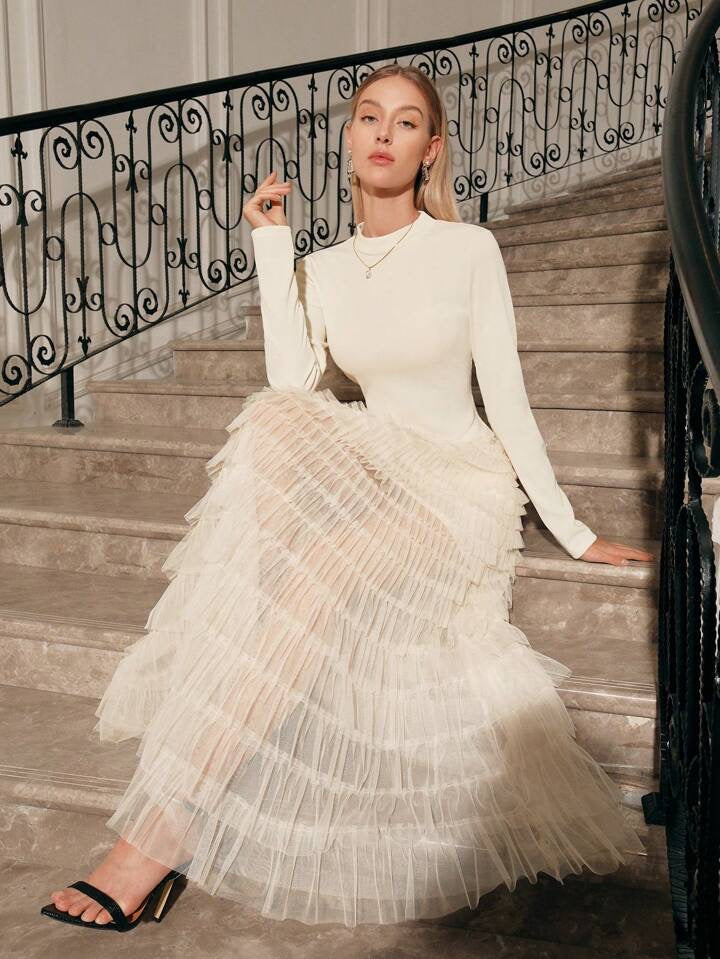 CM-DS625857 Women Elegant Seoul Style Stand Collar Long Sleeve Mesh Patchwork Dress - White