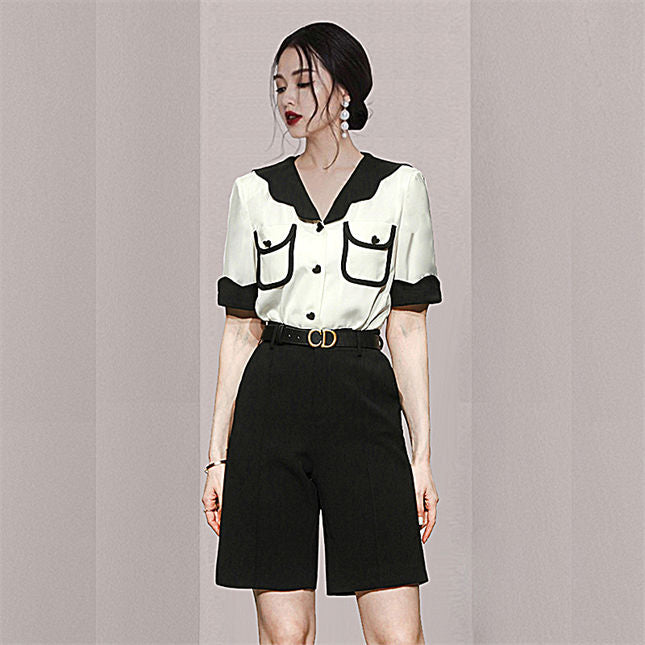 CM-SF032707 Women Casual Seoul Style Color Block Doll Collar Blouse With Fifth Pants - Set