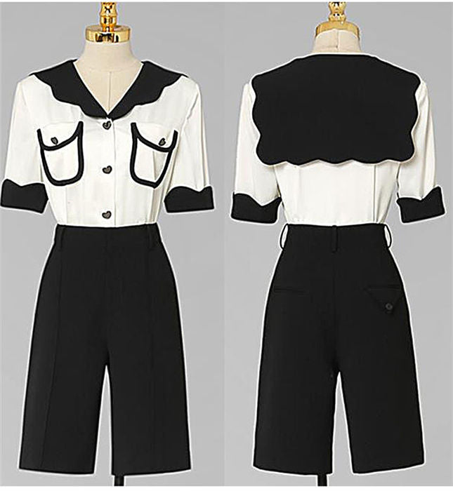 CM-SF032707 Women Casual Seoul Style Color Block Doll Collar Blouse With Fifth Pants - Set