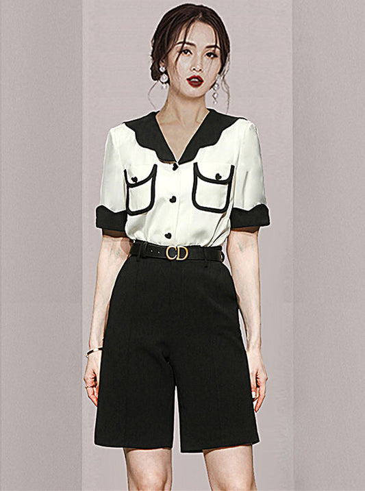 CM-SF032707 Women Casual Seoul Style Color Block Doll Collar Blouse With Fifth Pants - Set