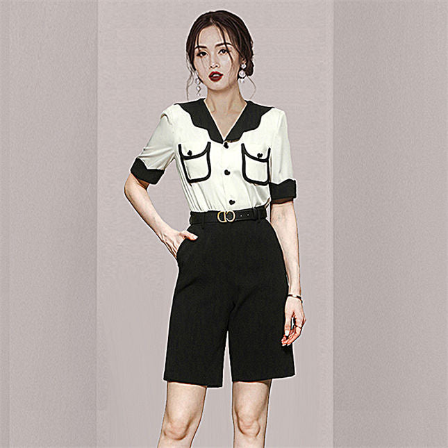 CM-SF032707 Women Casual Seoul Style Color Block Doll Collar Blouse With Fifth Pants - Set