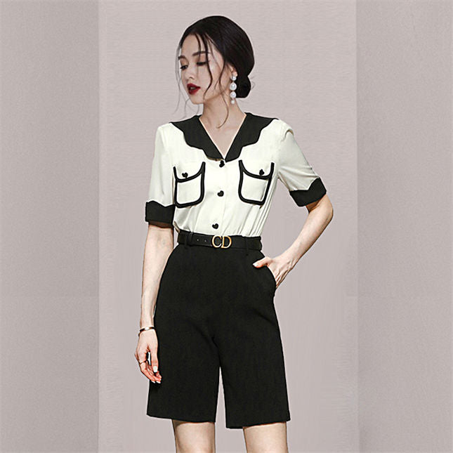 CM-SF032707 Women Casual Seoul Style Color Block Doll Collar Blouse With Fifth Pants - Set