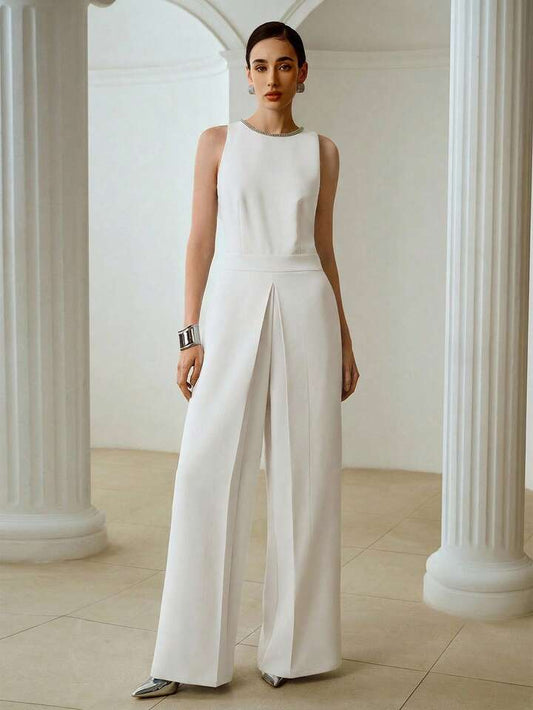 CM-JS101498 Women Elegant Seoul Style Rounnd Neck Rhinestone Decor Sleeveless Jumpsuit - White