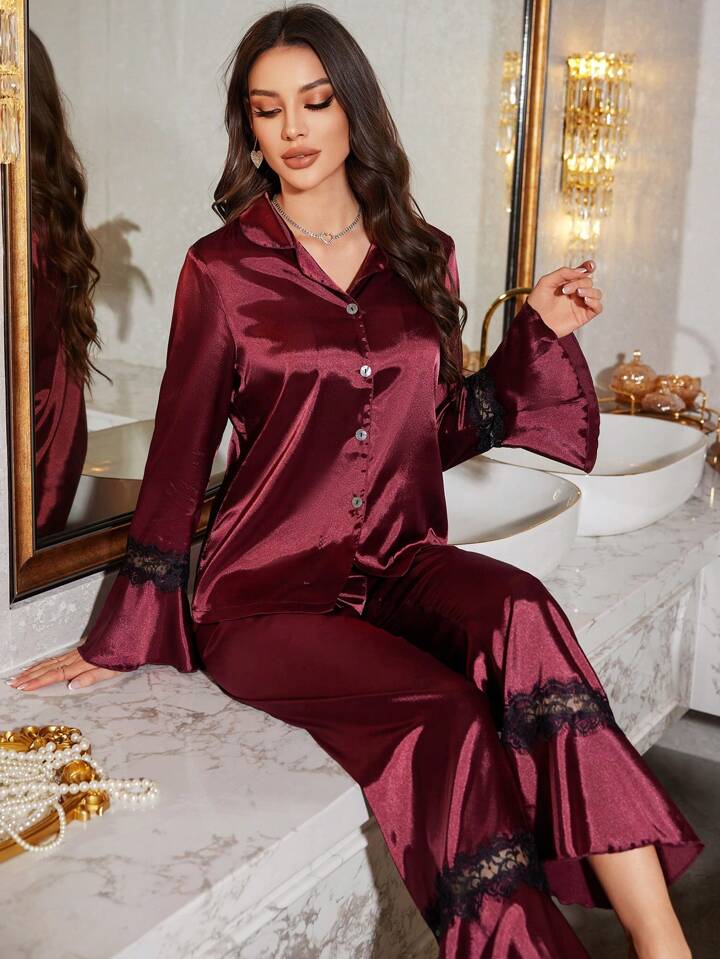 CM-LS104802 Women Trendy Seoul Style Lapel Neckline Lace Trim Cardigan Sleepwear Set - Burgundy