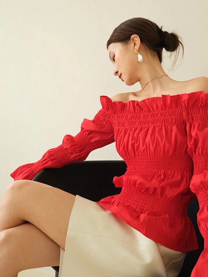 CM-TS701937 Women Trendy Bohemian Style Bubble Sleeve Off-Shoulder Wrinkled Shirt - Red