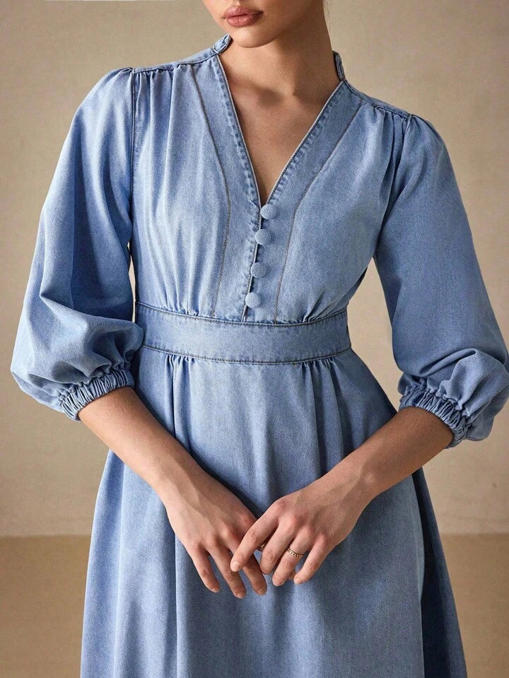 CM-DS367700 Women Elegant Seoul Style Deep V-Neck Lantern Sleeve Midi Denim Dress - Blue