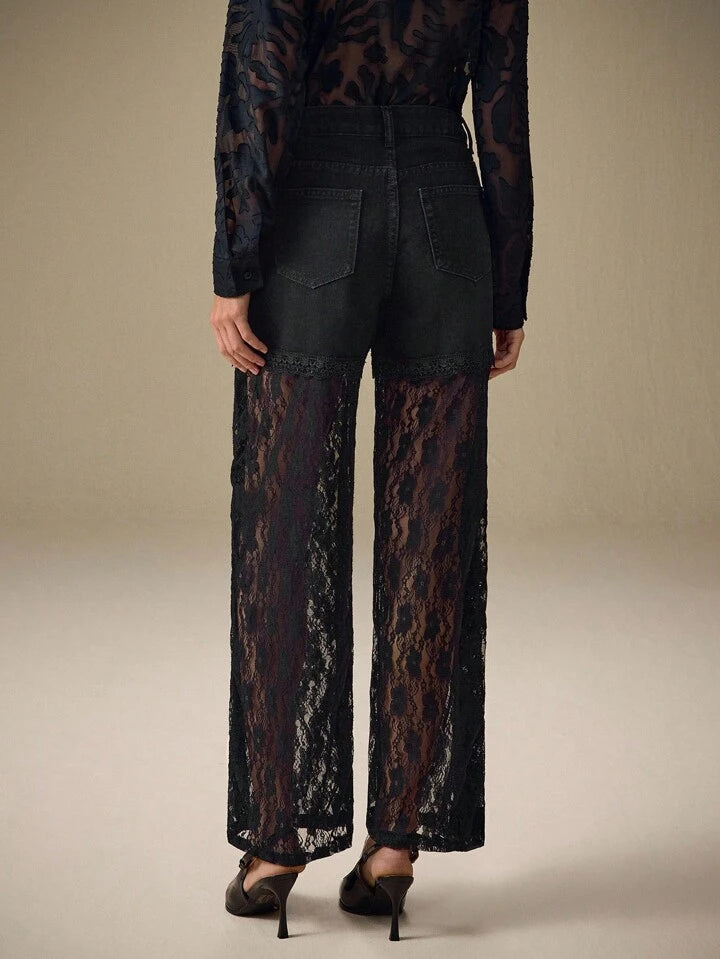 CM-BS245569 Women Elegant Seoul Style Lace Patchwork Rhinestone Embellished Straight-Leg Denim Jeans - Black