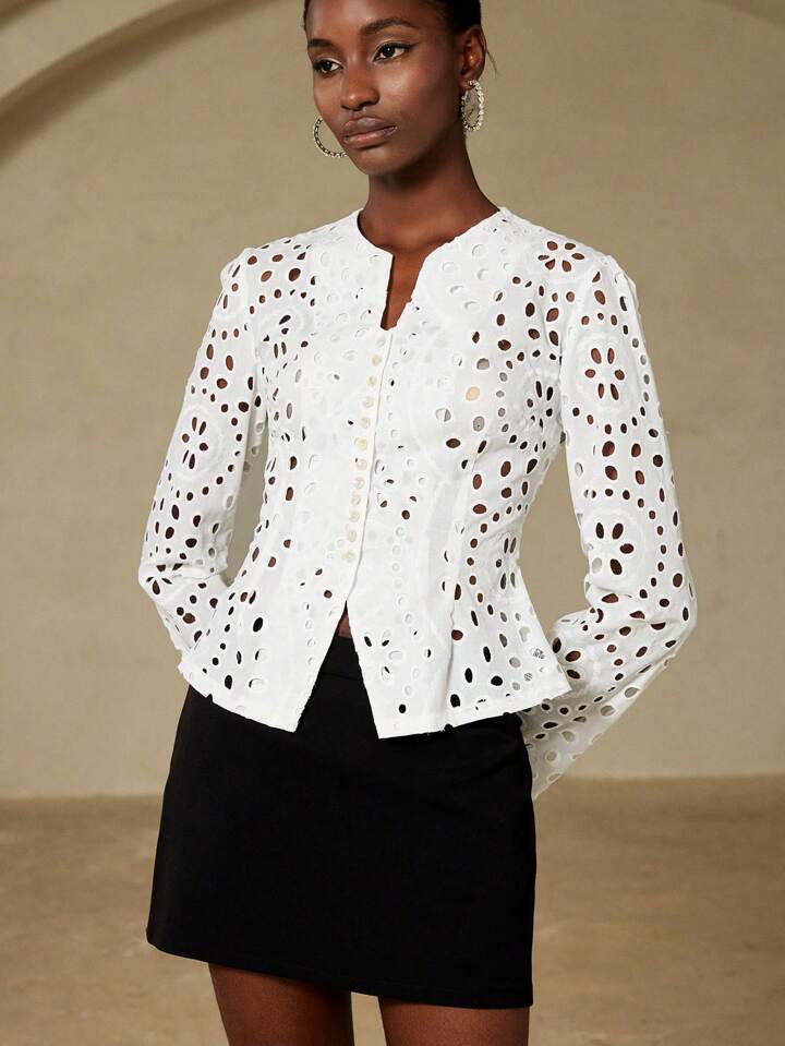 CM-TS807955 Women Trendy Bohemian Style Embroidery Hollow Out Round Neck Flowy Long Sleeve Blouse - White
