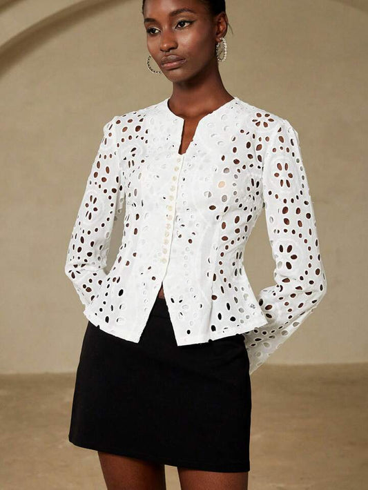 CM-TS807955 Women Trendy Bohemian Style Embroidery Hollow Out Round Neck Flowy Long Sleeve Blouse - White