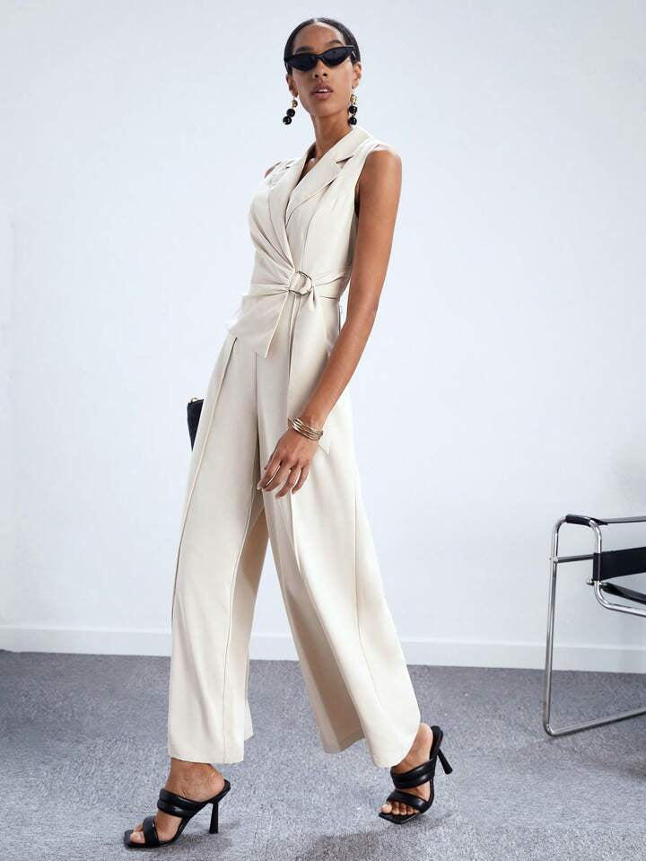 CM-JS565333 Women Elegant Seoul Style Lapel Neckline Sleeveless Wide Leg Jumpsuit - Beige