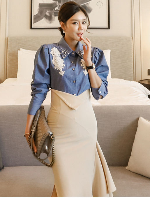 CM-SF040807 Women Elegant Seoul Style Beads Denim Shirt With Fishtail Slim Long Skirt - Set