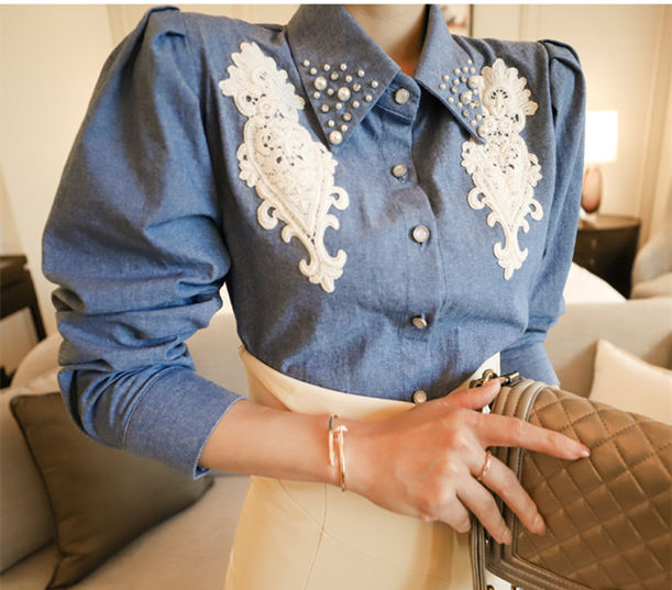 CM-SF040807 Women Elegant Seoul Style Beads Denim Shirt With Fishtail Slim Long Skirt - Set