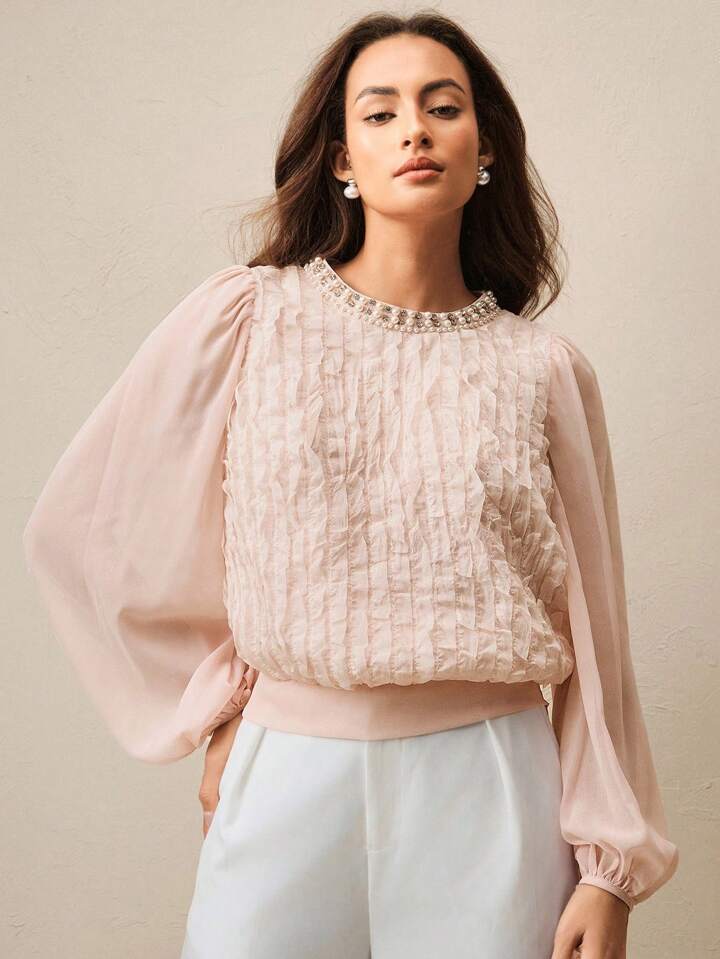 CM-TS386808 Women Elegant Seoul Style Pearl And Rhinestone Embellish Loose Lantern Sleeve Blouse - Pink