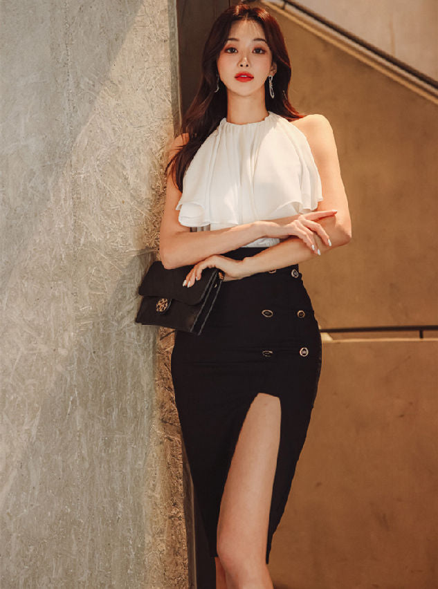 CM-SF040810 Women Elegant Seoul Style Flouncing Off Shoulder Blouse With Split Midi Skirt - Set