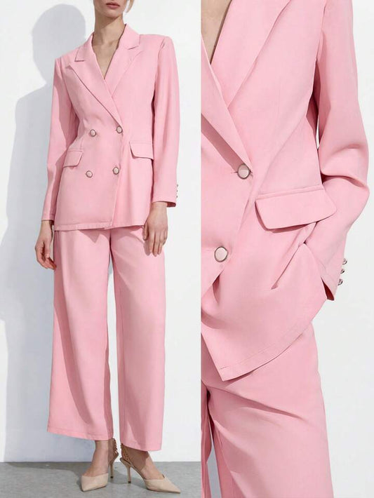 CM-SS454444 Women Elegant Seoul Style Solid Color Lapel Long Sleeve Blazer With Loose Pants Suit - Set