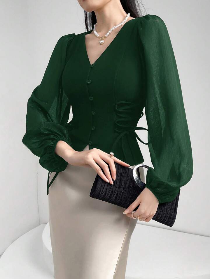 CM-TS801224 Women Elegant Seoul Style Sheer V-Neck Puff Lantern Sleeves Lace-Up Detail Blouse - Dark Green