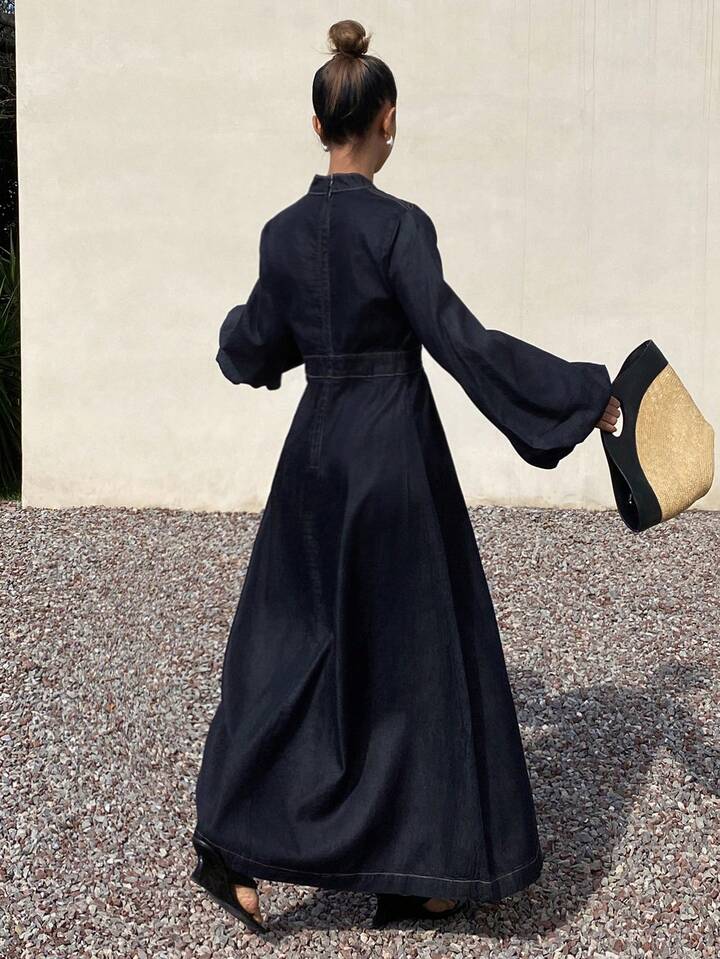 CM-DS647787 Women Casual Seoul Style V-Neck Ruched High Waist Puff Sleeve Denim Dress - Blue