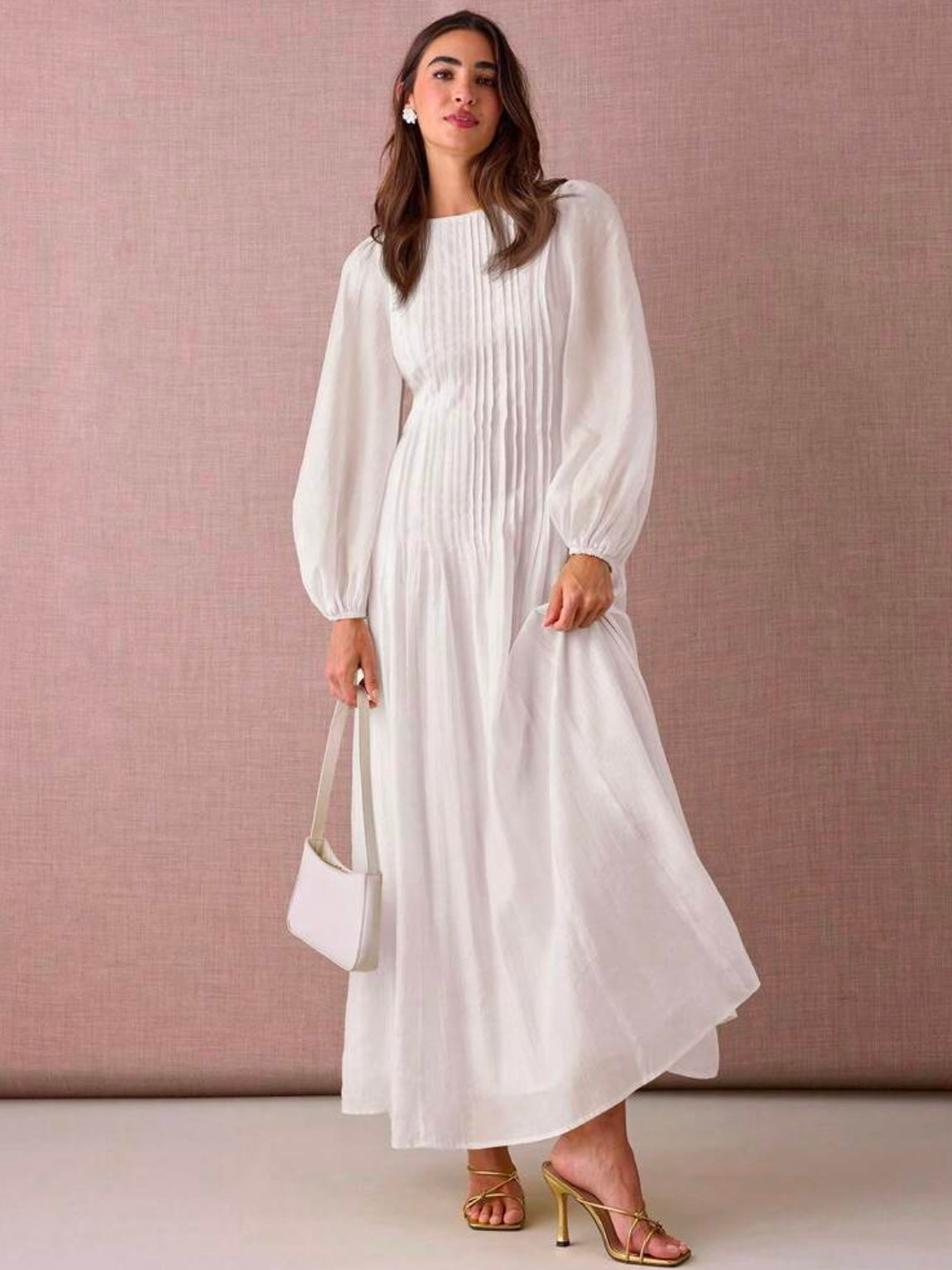 CM-DS929272 Women Elegant Seoul Style Round Neck Lantern Sleeve Pleated Design A-Line Maxi Dress - White