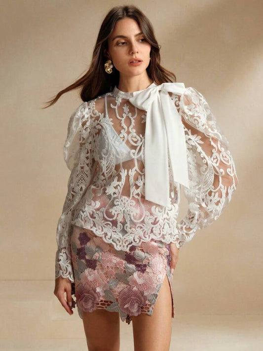 CM-TS660520 Women Elegant Seoul Style Stand Collar Lace Puff Sleeve See-Through Embroidered Blouse