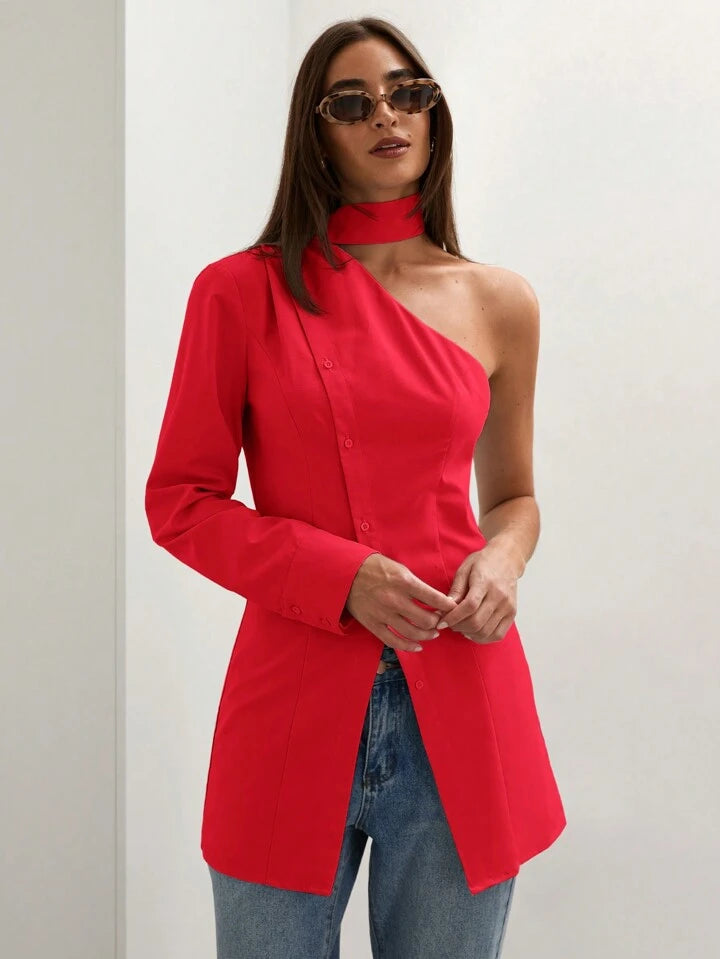 CM-TS870822 Women Casual Seoul Style Asymmetric Collar One Shoulder Long Sleeve Blouse - Red