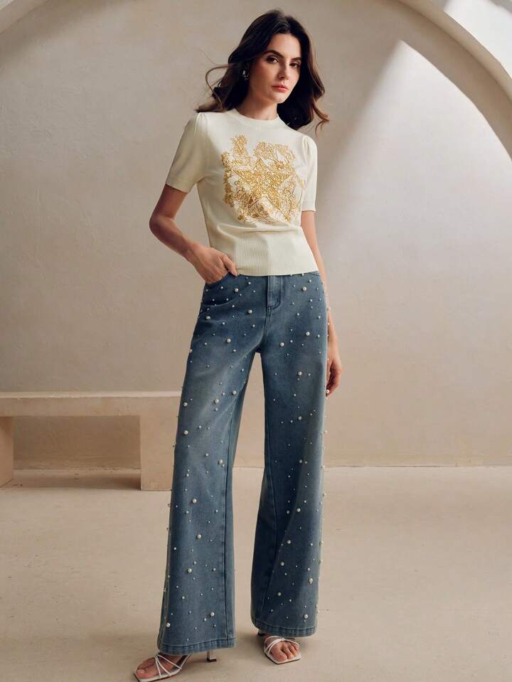 CM-TS235342 Women Casual Seoul Style Stand Collar Short Sleeve Floral Star Embroidered Knitted Shirt Tee - Cream
