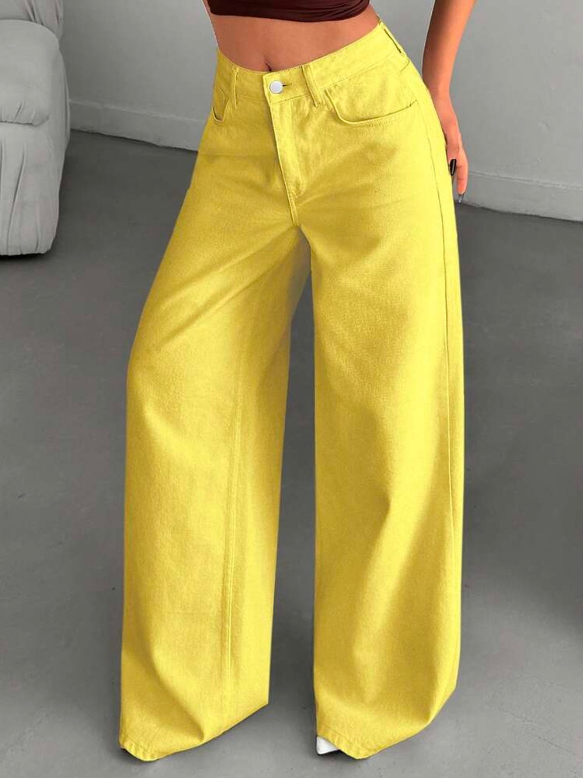 CM-BS275228 Women Casual Seoul Style High-Waisted Wide-Leg Denim Jeans - Pale Yellow