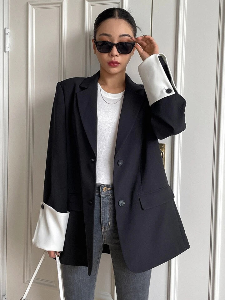 CM-CS876978 Women Casual Seoul Style Lapel Neckline Button Front Long Sleeve Blazer - Black