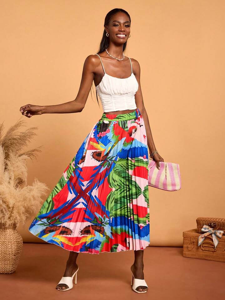 CM-BS871524 Women Trendy Bohemian Style High Waist Tropical Print Pleated Midi Skirt