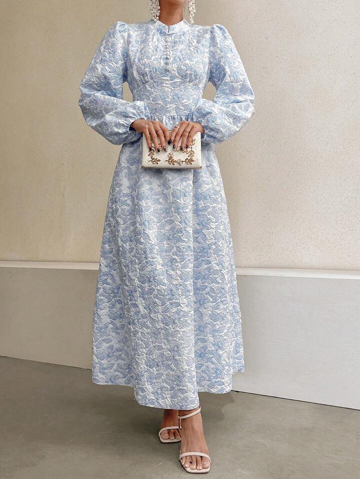 CM-DS096454 Women Casual Seoul Style Stand Collar Faux Pearl Decor Floral Jacquard Long Dress