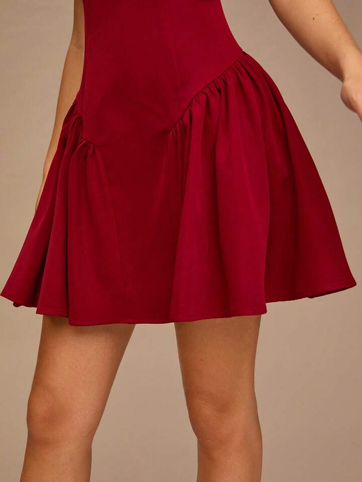 CM-DS334312 Women Elegant Seoul Style Round Neck Sleeveless Pleated Hem Mini Dress - Burgundy