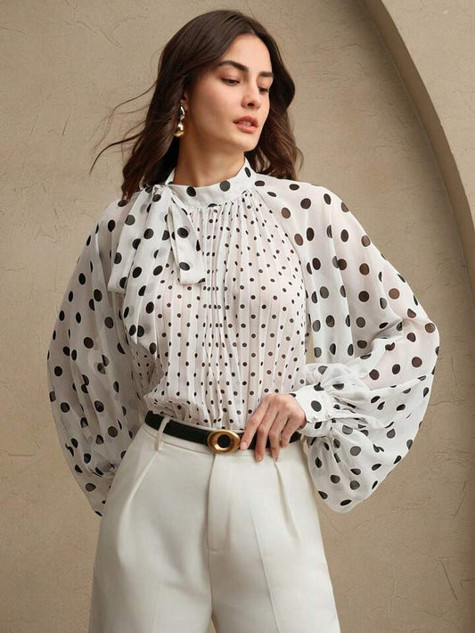 CM-TS733415 Women Elegant Seoul Style Stand Collar Polka Dot Print Pleated Tied Long Sleeve Blouse