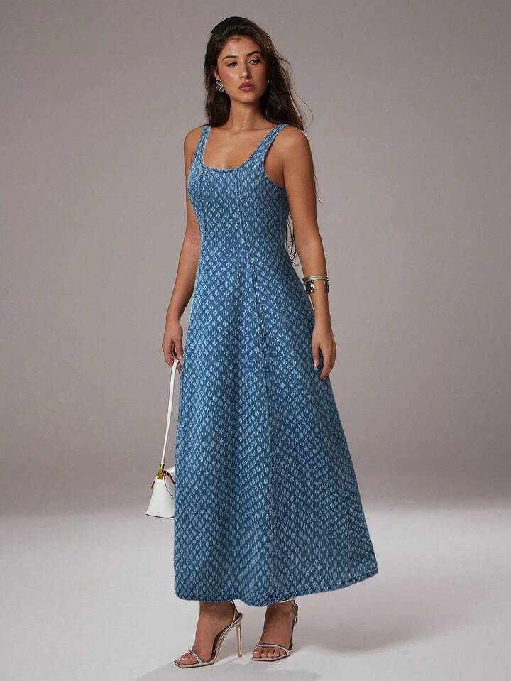 CM-DS070384 Women Elegant Seoul Style Light Wash Square Neck Sleeveless Jacquard Denim Dress