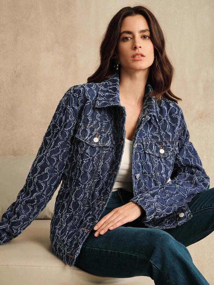 CM-CS134419 Women Casual Seoul Style Collar Neckline Long Sleeve Jacquard Denim Jacket - Blue