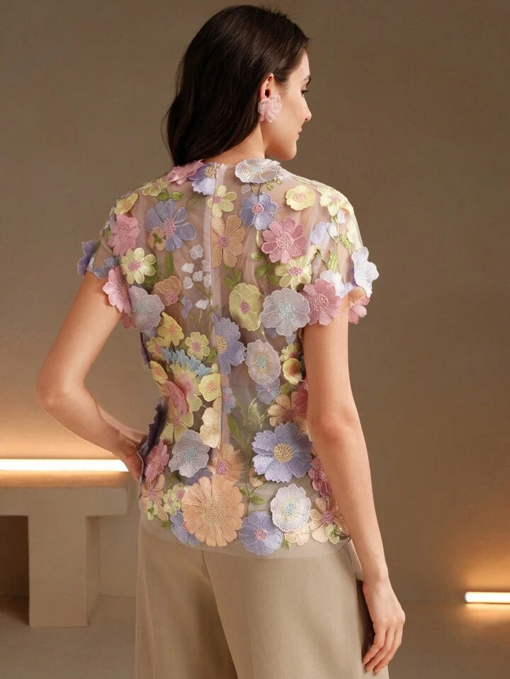 CM-TS588829 Women Elegant Seoul Style Round Neck Flounce Sleeve Embroidery Floral Applique Blouse - Baby Pink