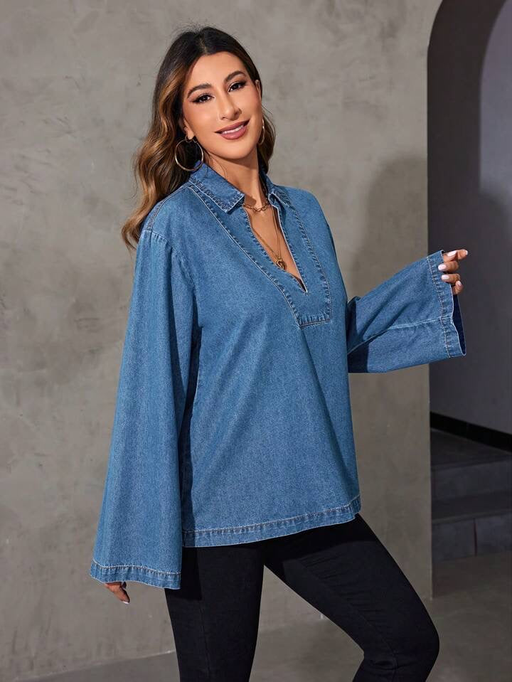 CM-TS135259 Women Casual Seoul Style Dark Wash Notched Neckline Bell Sleeves Loose Fit Denim Top