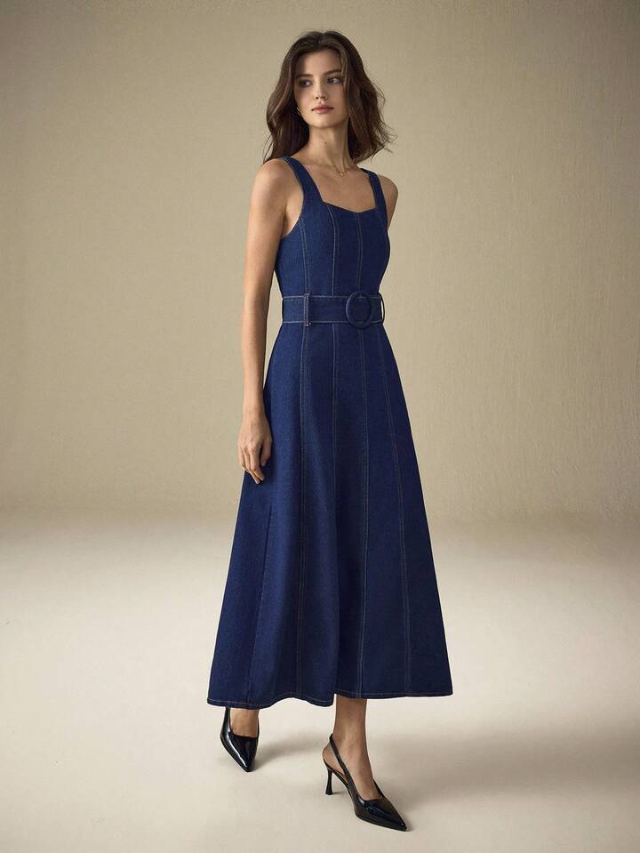 CM-DS438008 Women Elegant Seoul Style Straps Neckline Sleeveless High Waist Denim Dress - Blue