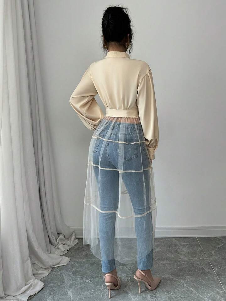 CM-TS484032 Women Casual Seoul Style Front Button Long Sleeve Mesh Contrast Minimalist Blouse