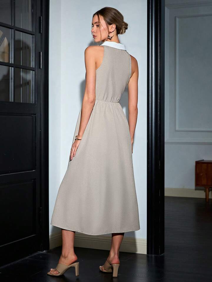 CM-DS641699 Women Elegant Seoul Style Contrast Lapel Collar Zipper Sleeveless Midi Dress - Apricot