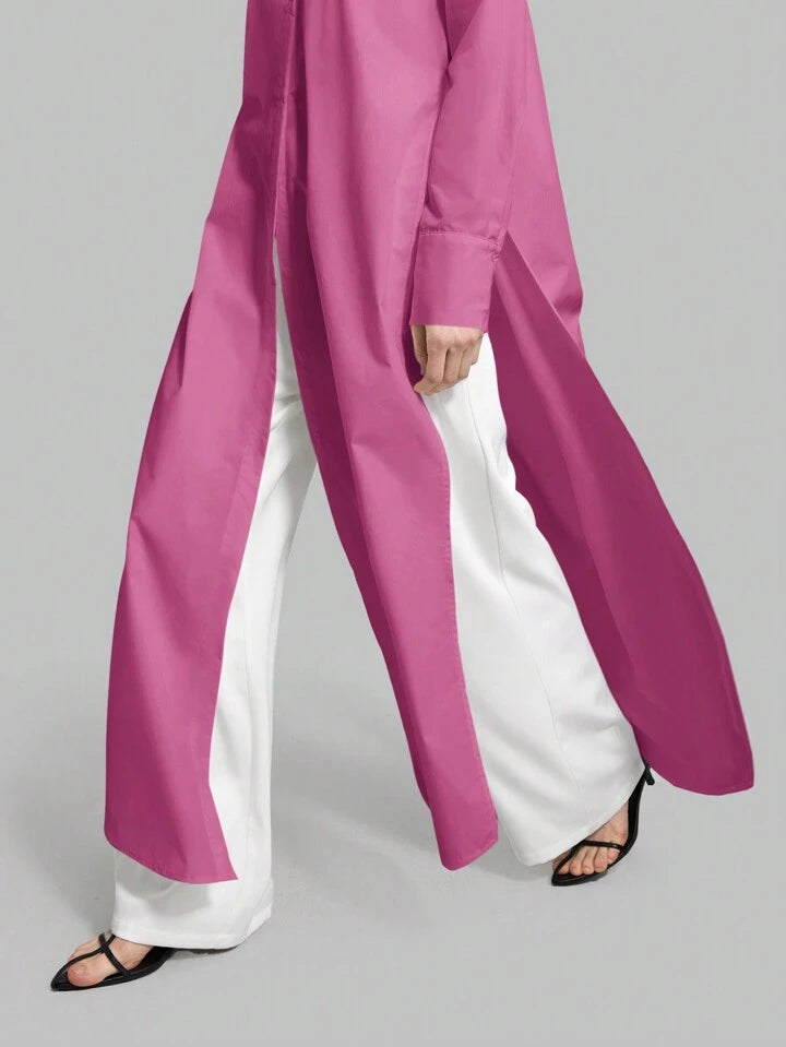 CM-TS834374 Women Casual Seoul Style Shirt Collar Long Sleeve Front Button High Slit Long Shirt - Purple