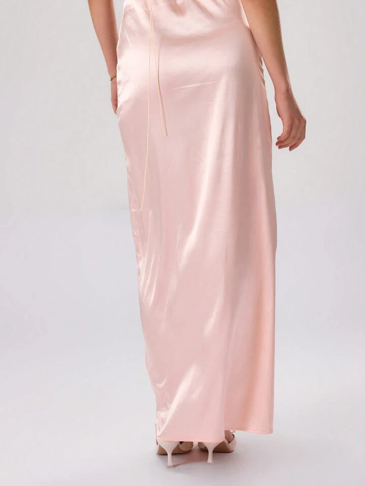 CM-BS558955 Women Elegant Seoul Style Satin Low Rise Maxi Skirt - Baby Pink