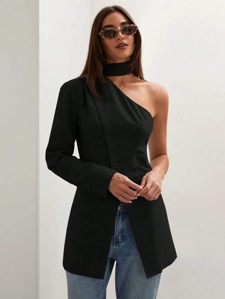 CM-TS888214 Women Casual Seoul Style Asymmetric Collar One Shoulder Long Sleeve Blouse - Black