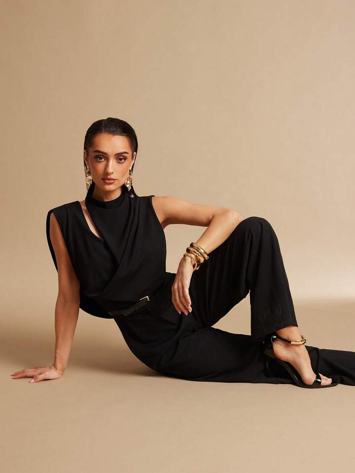 CM-JS394622 Women Elegant Seoul Style Stand Collar Sleeveless Pleated Backless Jumpsuit - Black