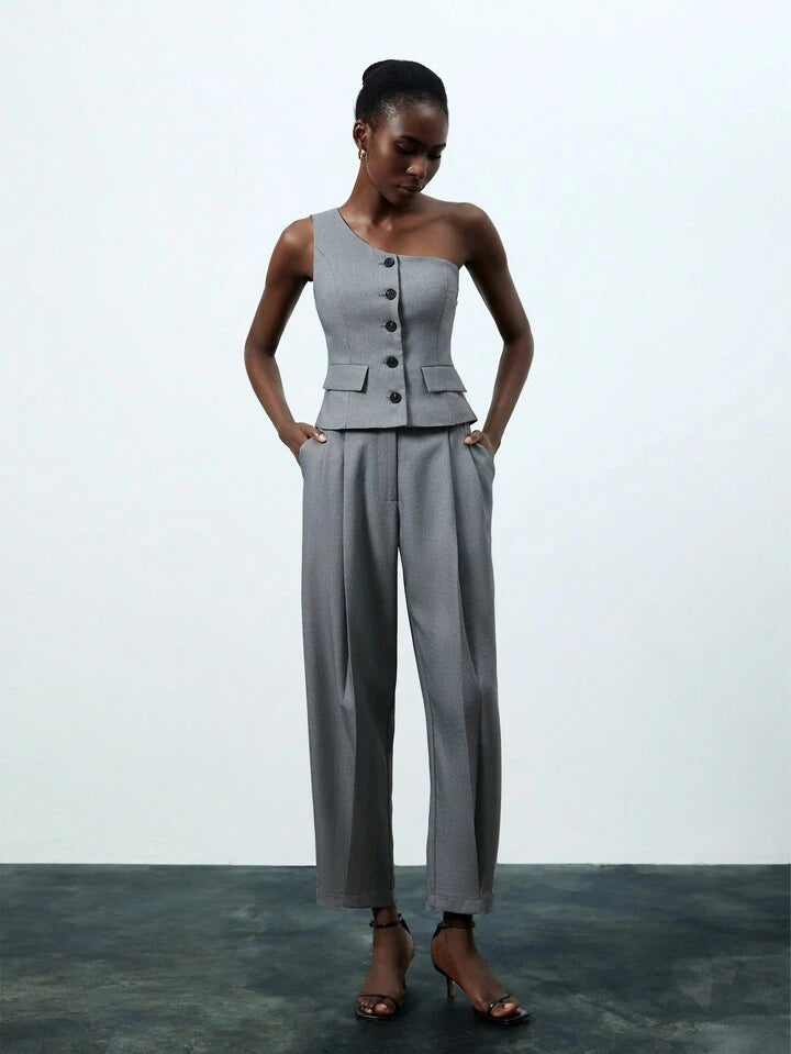 CM-SS606604 Women Elegant Seoul Style Single-Breasted Oblique Shoulder Sleeveless Top With Pants - Set