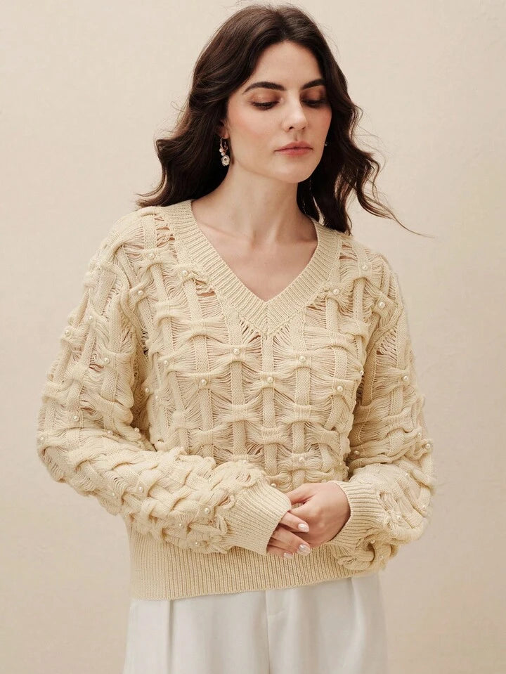 CM-CS012624 Women Elegant Seoul Style Faux Pearl Decor Hollow V-Neck Loose Long Sleeve Sweater - Apricot