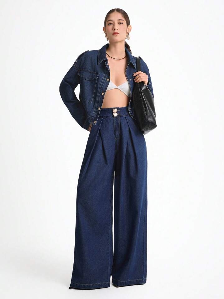 CM-BS622223 Women Casual Seoul Style Dark Wash High Waisted Baggy Wide Leg Jeans