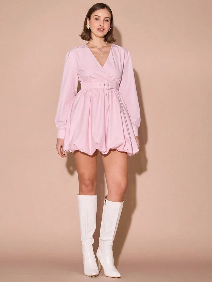 CM-DS819228 Women Elegant Seoul Style V Neck Lantern Long Sleeve Front Waistband Puff Mini Dress - Pink