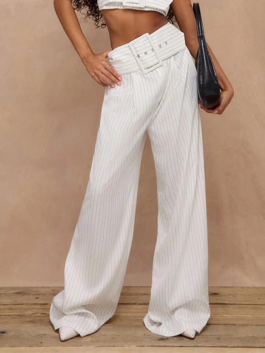 CM-BS418821 Women Casual Seoul Style Woven Stripe Belt Detail Wide Leg Trouser