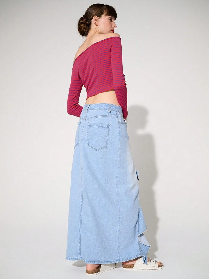 CM-BS091661 Women Casual Seoul Style Ultra Low Waist Ruffled Slit Stretch Denim Maxi Skirt - Blue