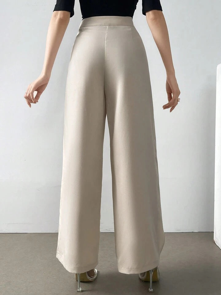 CM-BS770287 Women Casual Seoul Style Solid Color Elastic Waist Straight Leg Trouser - Khaki